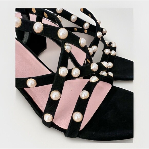 Kate Spade Wynne Black Suede Pearl Embellished Block Heel Sandals Women's Sz 7.5 - Picture 6 of 11